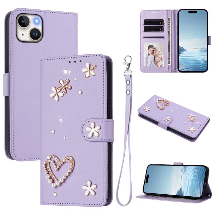 ZS01 Double-Layer Heart Floral Vegan Leather Phone Case with Wrist Strap, For iPhone 16 Pro, For iPhone 16 Plus, For iPhone 16, For iPhone 15 Pro Max, For iPhone 15 Pro, For iPhone 15 Plus