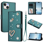 ZS01 Double-Layer Heart Floral Vegan Leather Phone Case with Wrist Strap, For iPhone 15, For iPhone 14 Plus, For iPhone 14 / 13, For iPhone 14 Pro, For iPhone 14 Pro Max, For iPhone 13 Pro Max