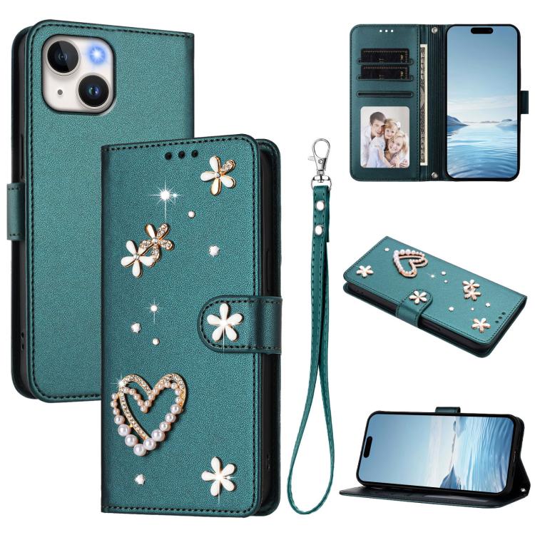 ZS01 Double-Layer Heart Floral Vegan Leather Phone Case with Wrist Strap, For iPhone 15, For iPhone 14 Plus, For iPhone 14 / 13, For iPhone 14 Pro, For iPhone 14 Pro Max, For iPhone 13 Pro Max