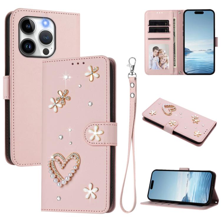 ZS01 Double-Layer Heart Floral Vegan Leather Phone Case with Wrist Strap, For iPhone 15, For iPhone 14 Plus, For iPhone 14 / 13, For iPhone 14 Pro, For iPhone 14 Pro Max, For iPhone 13 Pro Max