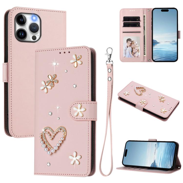 ZS01 Double-Layer Heart Floral Vegan Leather Phone Case with Wrist Strap, For iPhone 15, For iPhone 14 Plus, For iPhone 14 / 13, For iPhone 14 Pro, For iPhone 14 Pro Max, For iPhone 13 Pro Max