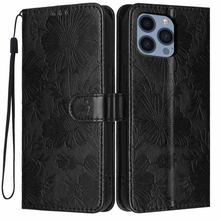 Sunflower Embossed Vegan Leather Phone Case with Small Black Rope, For iPhone 14 Pro Max, For iPhone 13 Pro Max, For iPhone 13 Pro, For iPhone 13, For iPhone 12 / 12 Pro, For iPhone 12 Pro Max, For iPhone 11 Pro Max, For iPhone 11