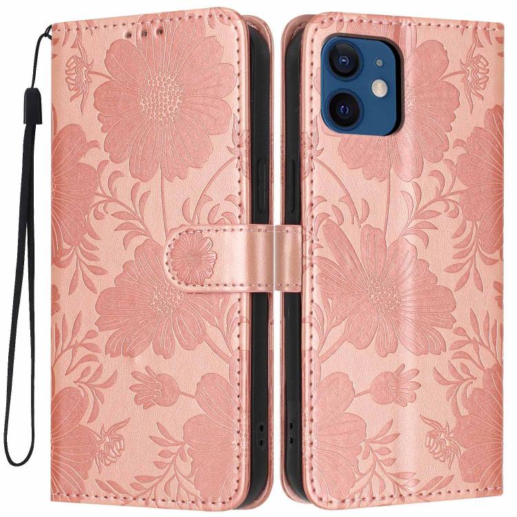 Sunflower Embossed Vegan Leather Phone Case with Small Black Rope, For iPhone 14 Pro Max, For iPhone 13 Pro Max, For iPhone 13 Pro, For iPhone 13, For iPhone 12 / 12 Pro, For iPhone 12 Pro Max, For iPhone 11 Pro Max, For iPhone 11