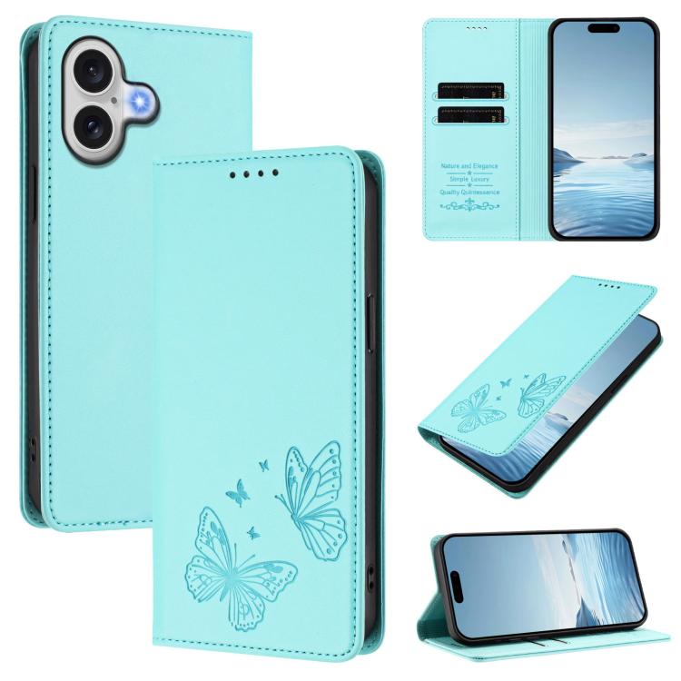 Strong Magnetic Dual Butterfly RFID Vegan Leather Phone Case, For iPhone 17e / 16e, For iPhone 17 Pro Max, For iPhone 17 Pro, For iPhone 17