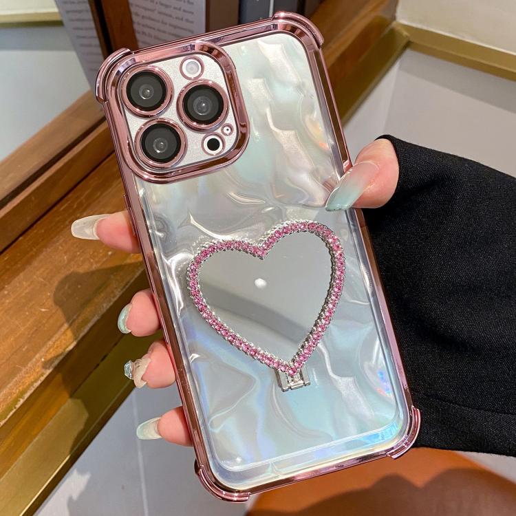 Heart-shaped Mirror Electroplated TPU + Acrylic Phone Case with Holder, For iPhone 15 Pro Max, For iPhone 15 Pro, For iPhone 15 Plus, For iPhone 15, For iPhone 14 Plus, For iPhone 14, For iPhone 14 Pro, For iPhone 14 Pro Max, For iPhone 13 Pro Max