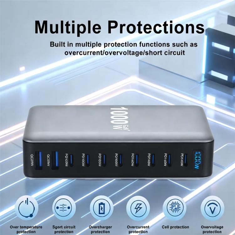 YMX-1000W 1000W 8 x Type-C Ports and 2 x USB 10 Ports Digital Display Multi-functional Charger, AU Plug, EU Plug, UK Plug, US Plug