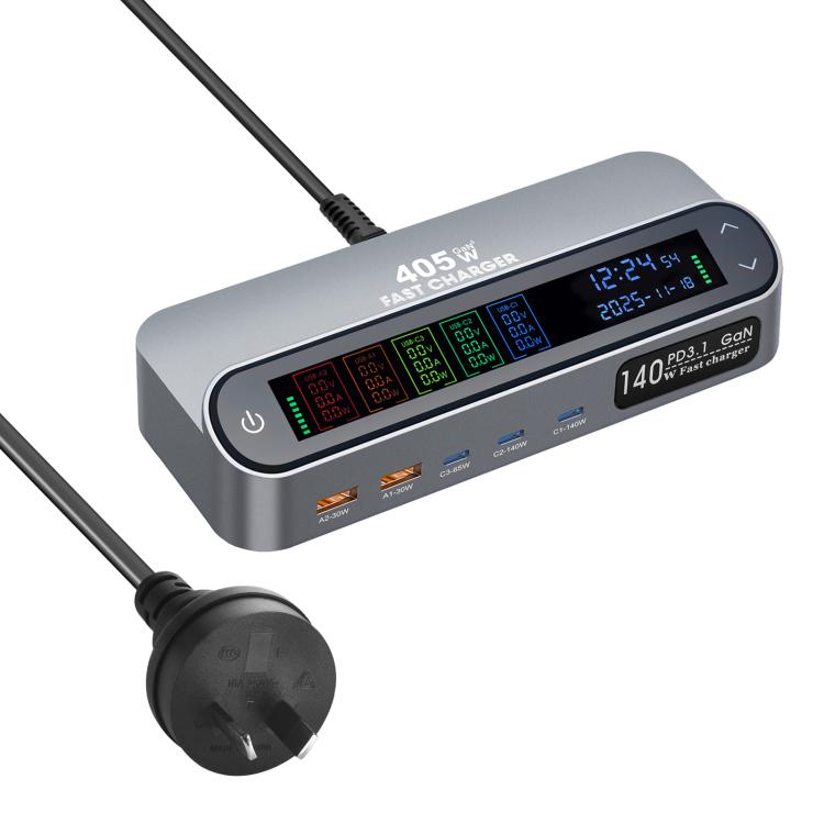 YMX-LCD405W 405W 3xType-C and 2xUSB GaN Smart Digital Display Multi-Function Charger, AU Plug, EU Plug, UK Plug, US Plug