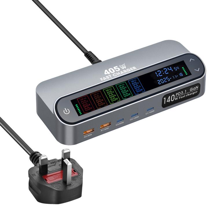 YMX-LCD405W 405W 3xType-C and 2xUSB GaN Smart Digital Display Multi-Function Charger, AU Plug, EU Plug, UK Plug, US Plug