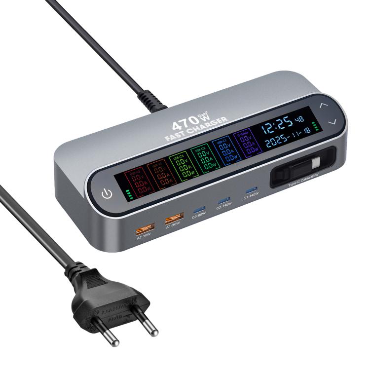 YMX-LCD470W 470W 3xType-C and 2xUSB GaN Smart Digital Display Multi-Function Charger with Type-C Retractable Cable, AU Plug, EU Plug, UK Plug, US Plug