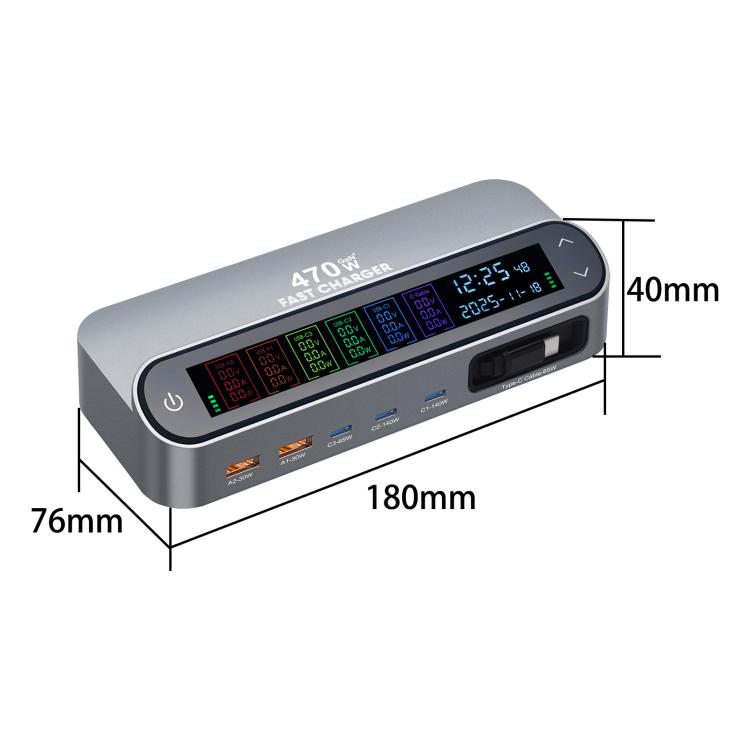 YMX-LCD470W 470W 3xType-C and 2xUSB GaN Smart Digital Display Multi-Function Charger with Type-C Retractable Cable, AU Plug, EU Plug, UK Plug, US Plug