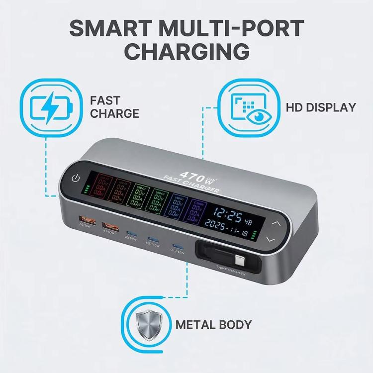 YMX-LCD470W 470W 3xType-C and 2xUSB GaN Smart Digital Display Multi-Function Charger with Type-C Retractable Cable, AU Plug, EU Plug, UK Plug, US Plug