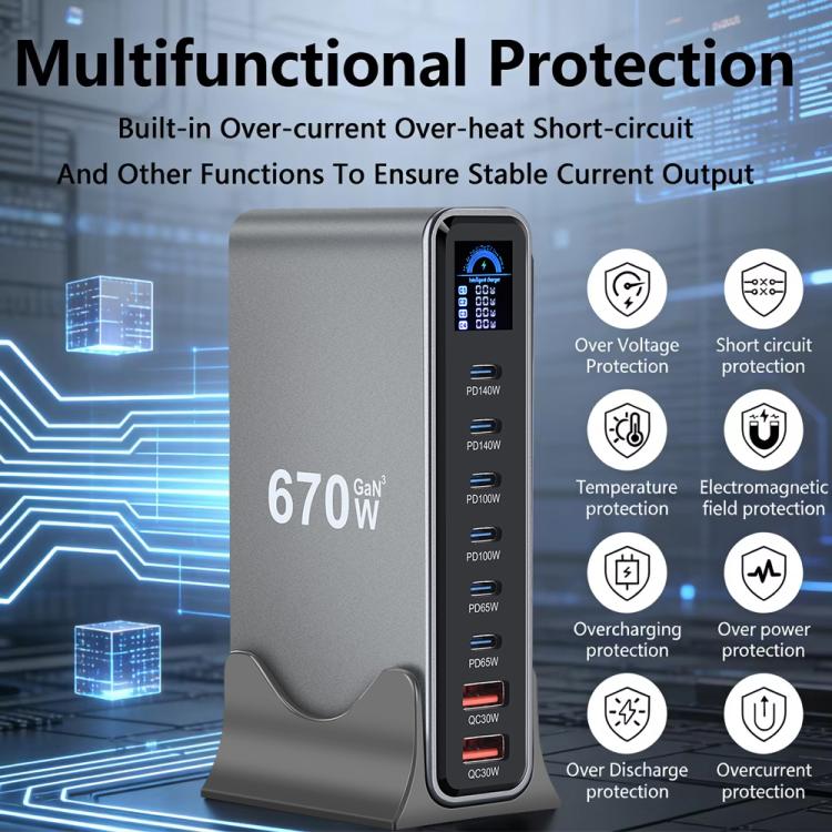 YMX-LCD670W 670W 6xType-C and 2xUSB GaN Digital Display Multi-Function Charger, AU Plug, EU Plug, UK Plug, US Plug