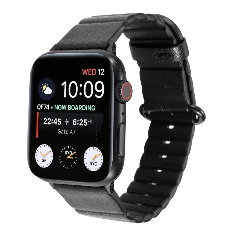 Apple Watch replacement strap with iron buckle displayed on a black watchband, showing time and boarding information.