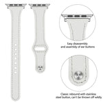 Leather replacement strap for Apple Watch in white, featuring stainless steel button, easy assembly, and stylish design.