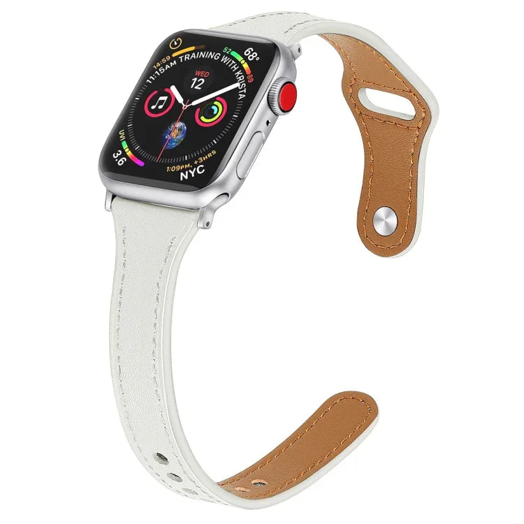 Leather replacement strap for Apple Watch in white with steel button, fits multiple Apple Watch sizes.