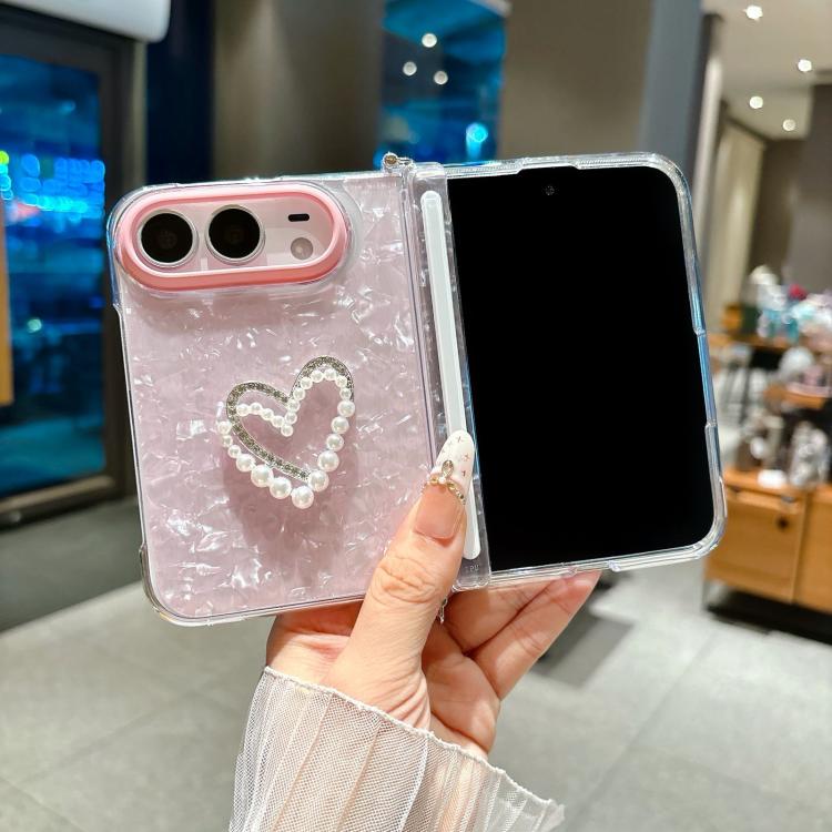 Side Buckle Shell Pattern Heart Phone Case with Beaded Strap, For iPhone Duo