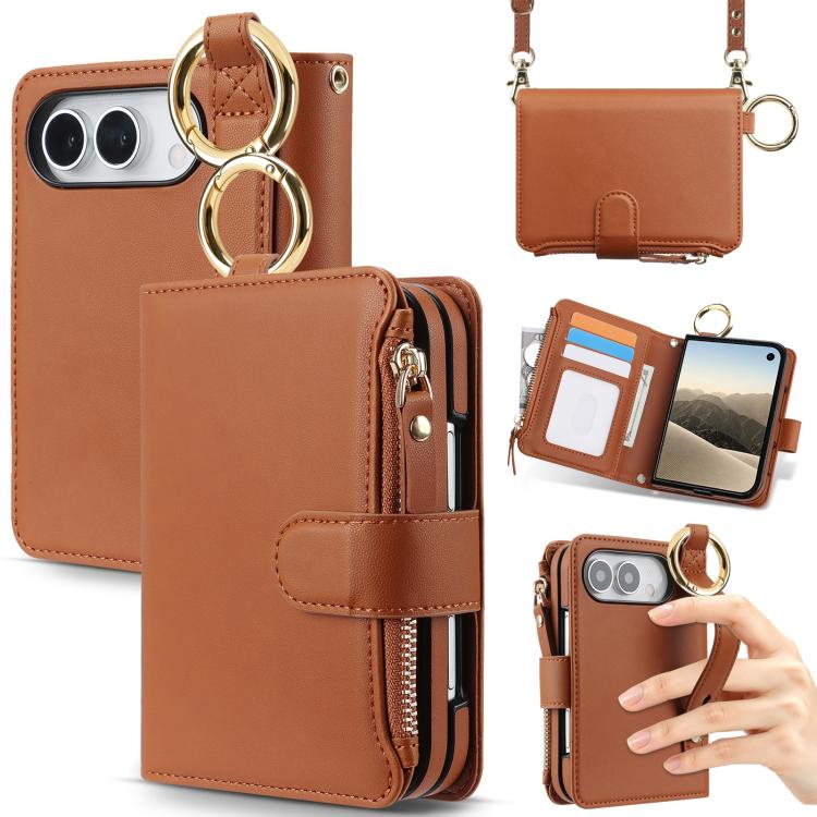 Crossbody Ring Multifunctional Wallet Fold Leather Phone Case, For iPhone Duo