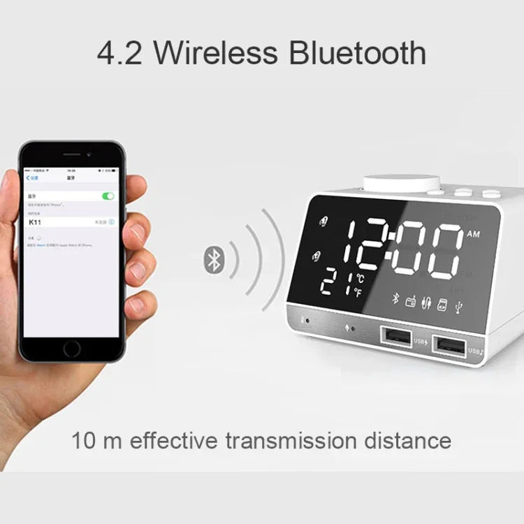 K11 Bluetooth Alarm Clock Speaker Creative Digital Music Clock Display Radio with Dual USB Interface, Support U Disk / TF Card / FM / AUX, EU Plug, EU Plug(Black), EU Plug(White)