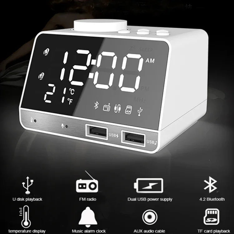 K11 Bluetooth Alarm Clock Speaker Creative Digital Music Clock Display Radio with Dual USB Interface, Support U Disk / TF Card / FM / AUX, EU Plug, EU Plug(Black), EU Plug(White)