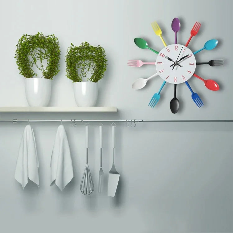 Cutlery Metal Kitchen Wall Clock Spoon Fork Creative Quartz Wall Mounted Clocks Modern Design Decorative Horloge, Silver, Silver