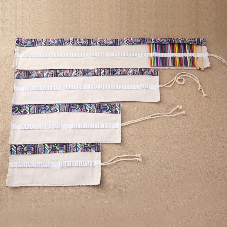 72 Slots Ethnic Print Pen Bag Canvas Pencil Wrap Curtain Roll Up Pencil Case Stationery Pouch, 72 Slots