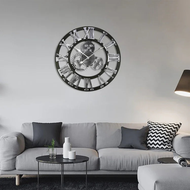 Retro Wooden Round Single-sided Gear Clock Rome Number Wall Clock, Diameter: 35cm, Rome Number 35cm, Rome Number  35cm