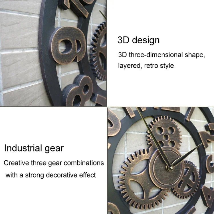 Retro Wooden Round Single-sided Gear Clock Number Wall Clock, Diameter: 40cm, Number 40cm, Number 40cm (Silver)