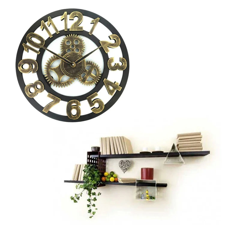 Retro Wooden Round Single-sided Gear Clock Number Wall Clock, Diameter: 40cm, Number 40cm, Number 40cm (Silver)