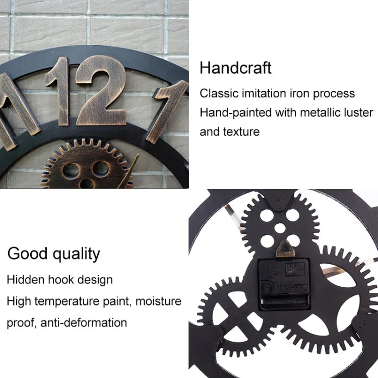 Retro Wooden Round Single-sided Gear Clock Number Wall Clock, Diameter: 50cm, Number 50cm