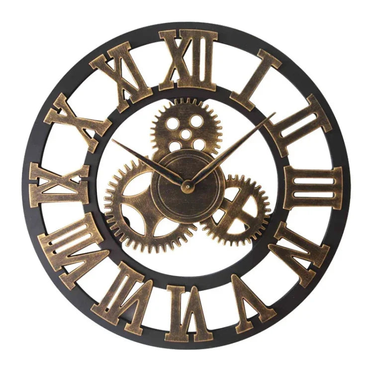 Retro Wooden Round Single-sided Gear Clock Rome Number Wall Clock, Diameter: 58cm, Rome Number 58cm
