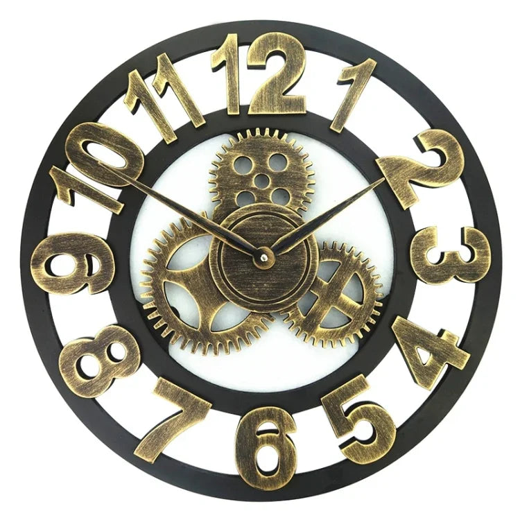 Retro Wooden Round Single-sided Gear Clock Arabic Number Wall Clock, Diameter: 30cm, Number 30cm