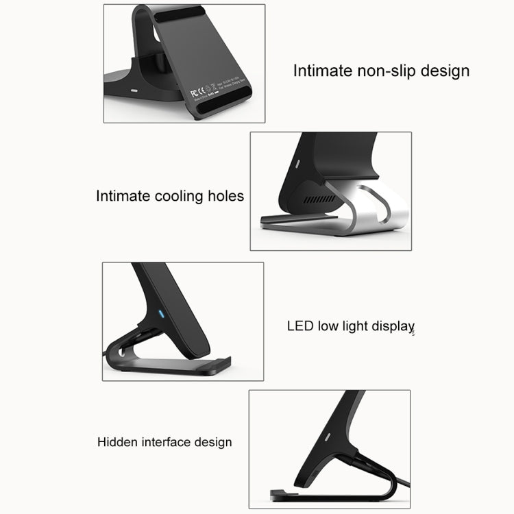 HAMTOD M5 15W Intelligent Dual Coil Design Qi Standard Holder Wireless Charger with Indicator Light, Support Fast Charging, M5 Silver, M5 Black