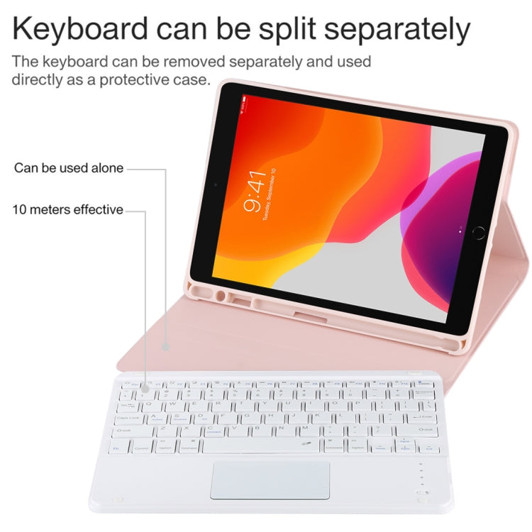 TG-102BC Detachable Bluetooth White Keyboard + Microfiber Leather Tablet Case for iPad 10.2 inch / iPad Air (2019), with Touch Pad & Pen Slot & Holder, White Keyboard