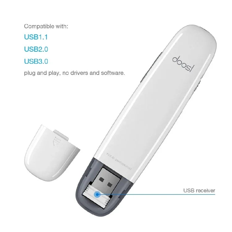 Doosl DSIT007 2.4GHz Rechargeable Powerpoint Presentation Wireless Cliker Remote Control Pen, Control Distance: 10m(White), DSIT007