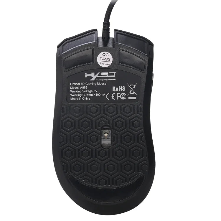 HXSJ A869 Colorful Glowing Wired Game 7-Keys 3200 DPI Adjustable Ergonomics Optical Mouse, A869
