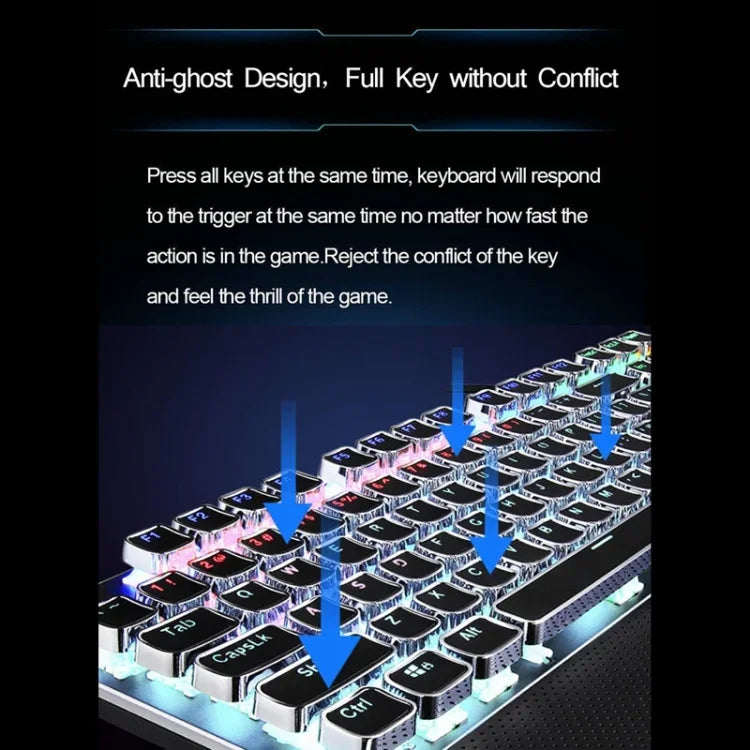 AULA F2088 108 Keys Mixed Light Plating Punk Mechanical Blue Switch Wired USB Gaming Keyboard with Metal Button, Blue Switch Silver