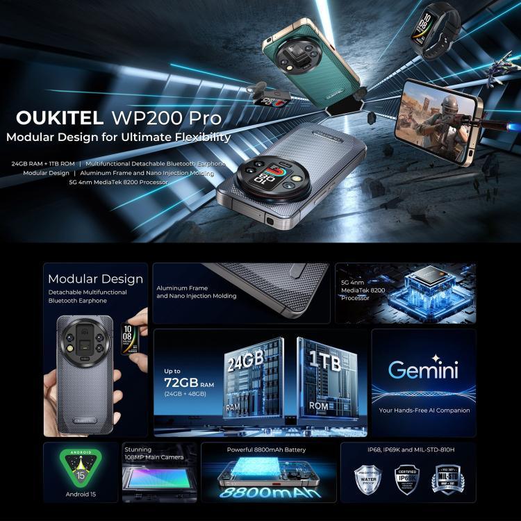 Oukitel WP200 Pro 5G Rugged Phone, 24GB+1TB, Screen Fingerprint, 6.7 inch Android 15.0 MTK Dimensity 8200 Octa-Core, NFC, OTG, Network: 5G