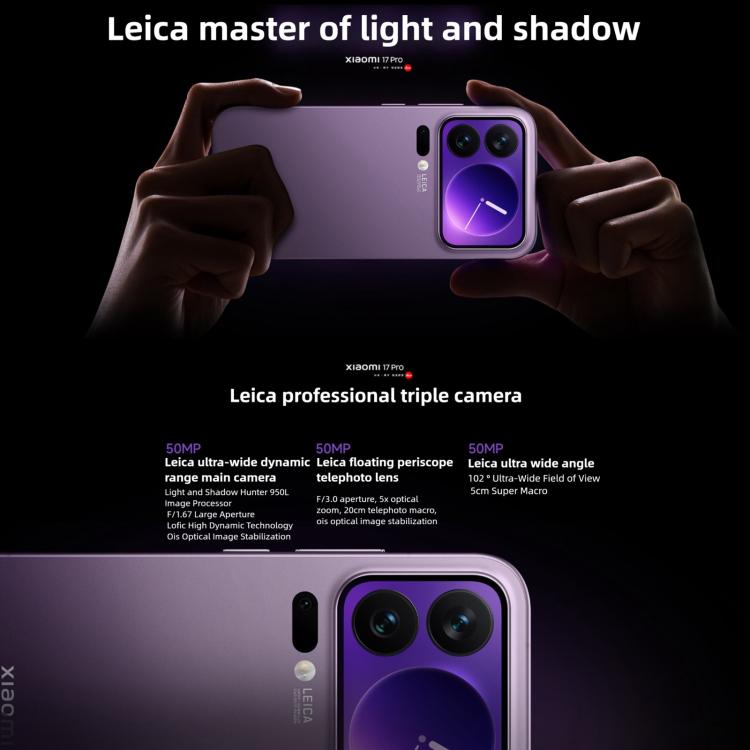 Xiaomi 17 Pro, 12GB+512GB, 3D Ultrasonic Fingerprint, 6.3 inch Xiaomi HyperOS 3 Snapdragon 8 Elite Gen 5 Octa Core, NFC, Network: 5G, 12GB+512GB