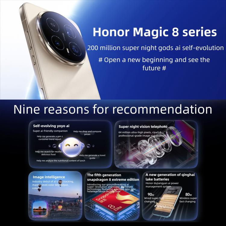 Honor Magic8, 16GB+1TB, Screen Fingerprint, 6.58 inch MagicOS 10.0 / Android 16 Snapdragon 8 Elite Gen 5th Octa Core, Network: 5G, NFC, OTG, 16GB+1TB