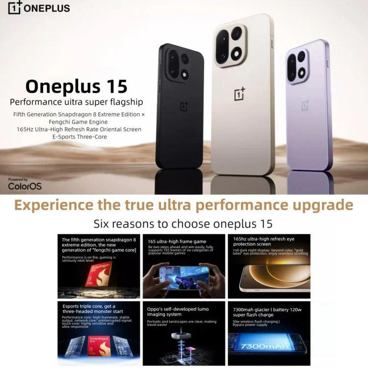 OnePlus 15, 12GB+512GB, Screen Fingerprint Identification, 6.78 inch ColorOS 16.0 Snapdragon 8 Elite Gen 5 Octa Core, NFC, Network: 5G, 12GB+512GB