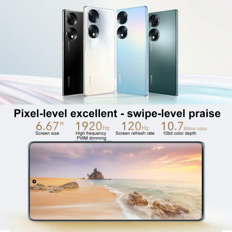 Triple Back Cameras, Screen Fingerprint Identification,  6.67 inch Magic UI 6.1 Qualcomm Snapdragon 778G Plus Octa Core up to 2.5GHz, Network: 5G, OTG, NFC, Not Support Google Play, Honor 70 5G 12GB+512GB
