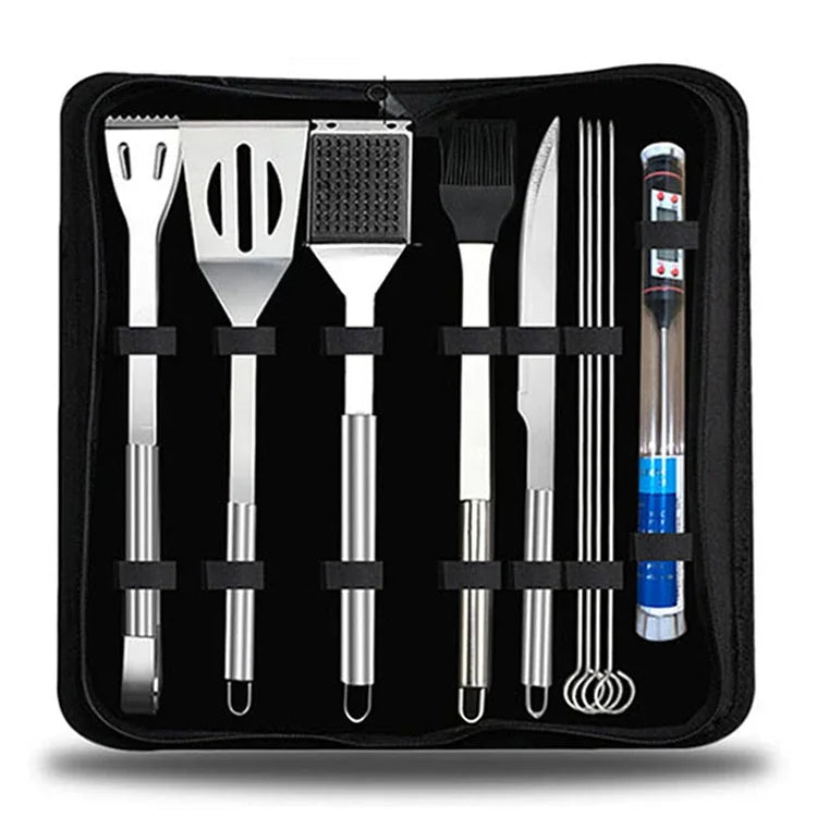 10 in 1 Outdoor Tableware Set Camping Barbecue Tableware Picnic Tool Set with Thermometer, 10 in 1, with Thermometer