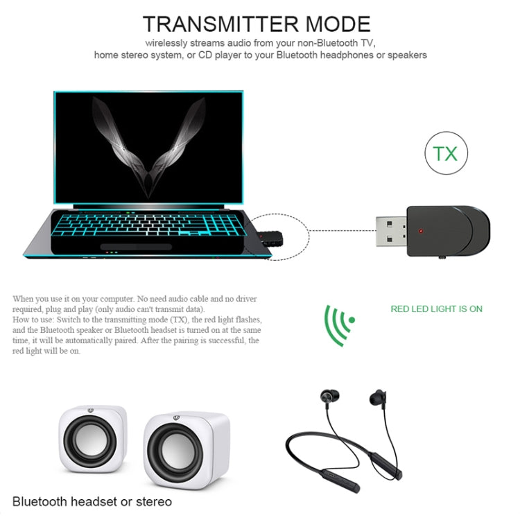 KN330 3 in 1 USB Bluetooth 5.0 Adapter Audio Transmitter Receiver with Switch Button & 3.5mm AUX Interface, KN330
