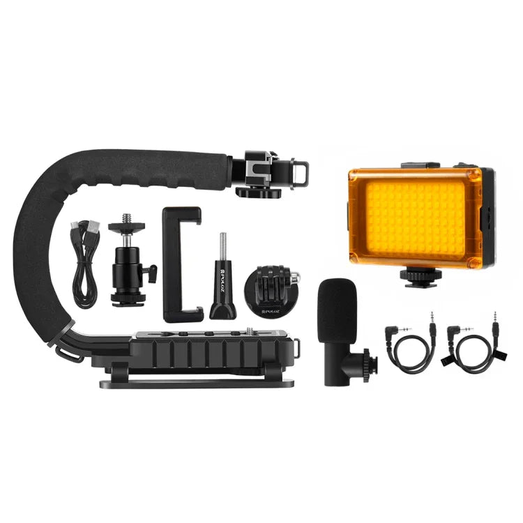 PULUZ U/C Shape Portable Handheld DV Bracket Stabilizer + LED Studio Light + Video Shotgun Microphone Kit with Cold Shoe Tripod Head  for All SLR Cameras and Home DV Camera, Bracket Kits + Mic + LED