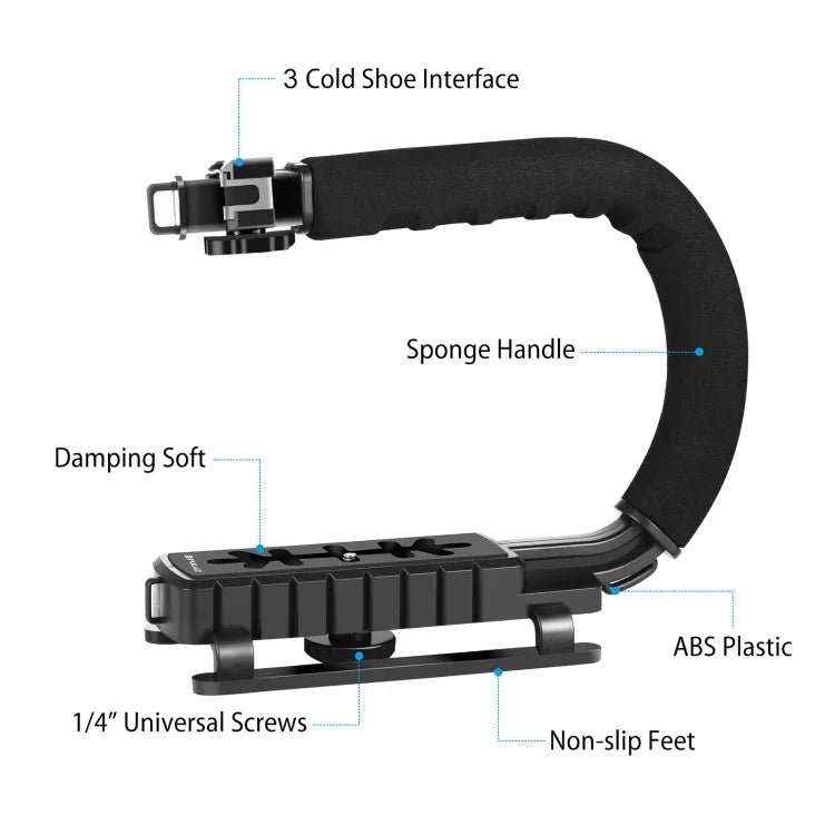 PULUZ U/C Shape Portable Handheld DV Bracket Stabilizer + LED Studio Light + Video Shotgun Microphone Kit with Cold Shoe Tripod Head  for All SLR Cameras and Home DV Camera, Bracket Kits + Mic + LED