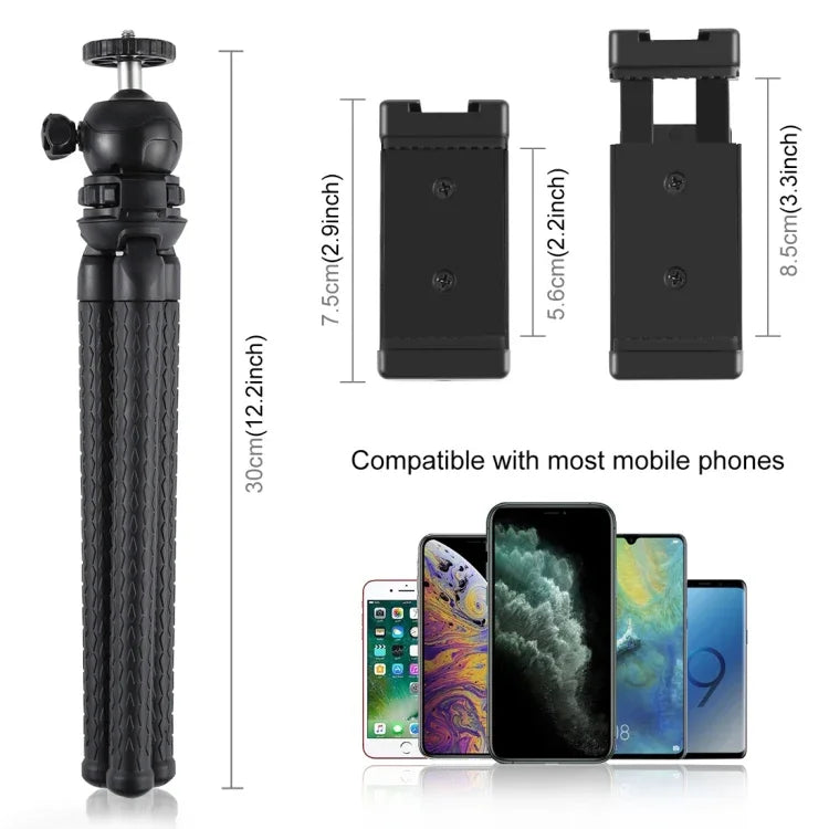 PULUZ Mini Octopus Flexible Tripod Holder with Ball Head & Phone Clamp + Tripod Mount Adapter & Long Screw for SLR Cameras, DJI, Insta360, GoPro and Other Action Cameras, Cellphone, Size: 30cmx5cm, 30cm Tripod + Phone Clamp