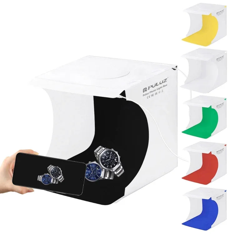 PULUZ 20cm Include 2 LED Panels Folding Portable 1100LM Light Photo Lighting Studio Shooting Tent Box Kit with 6 Colors Backdrops (Black, White, Yellow, Red, Green, Blue), Unfold Size: 24cm x 23cm x 23cm, 20cm(2 LED/RU), 20cm(2 LED)