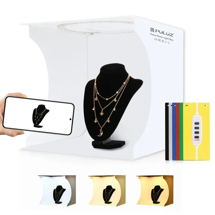 PULUZ 30cm Folding Portable Ring Light Board Photo Lighting Studio Shooting Tent Box Kit with 6 Colors Backdrops (Black, White, Yellow, Red, Green, Blue), Unfold Size: 31cm x 31cm x 32cm, 30cm Box