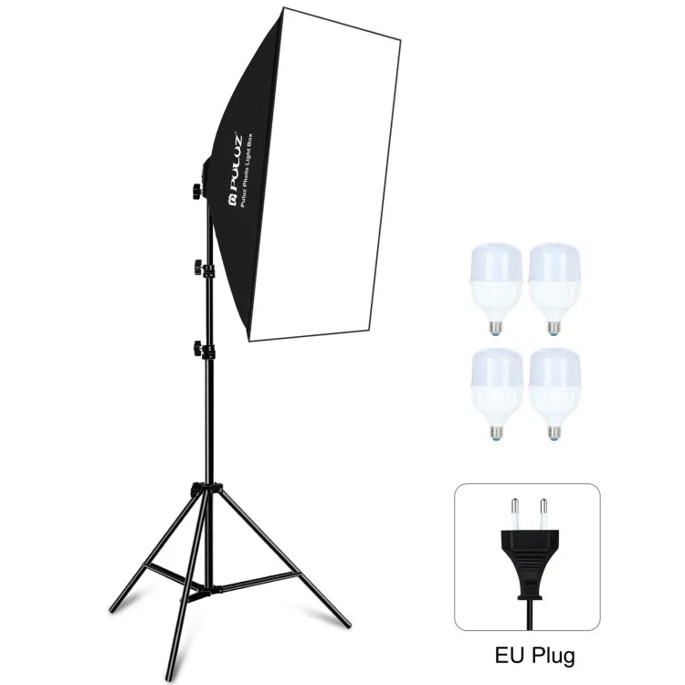 PULUZ 50x70cm Studio Softbox + 2m Tripod Mount + 4 x 220V E27 20W 5700K White Light LED Light Bulb Photography Lighting Kit, 4 x Bulb EU Plug, 4 x Bulb US Plug