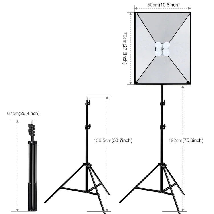 PULUZ 50x70cm Studio Softbox + 2m Tripod Mount + 4 x 220V E27 20W 5700K White Light LED Light Bulb Photography Lighting Kit, 4 x Bulb EU Plug, 4 x Bulb US Plug